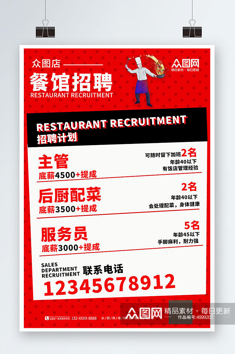 红色餐饮餐饮服务员招聘海报素材