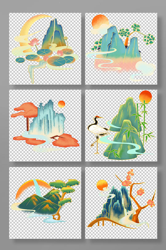 万水千山国潮山水元素插画-众图网