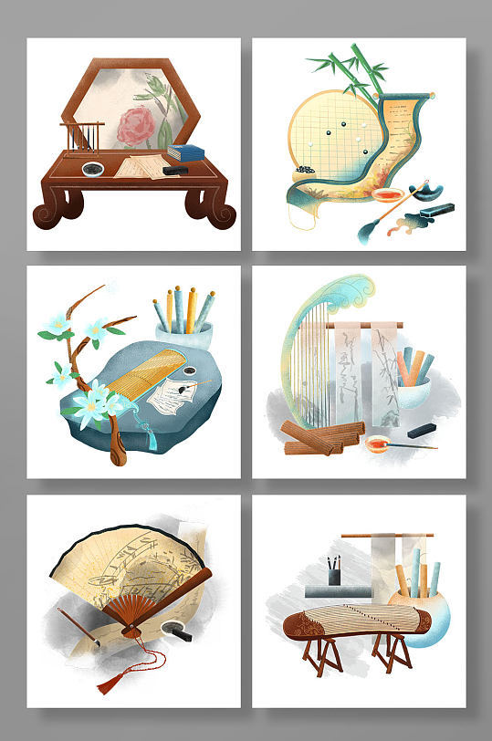 手绘古风琴棋书画物品PNG元素插画-众图网