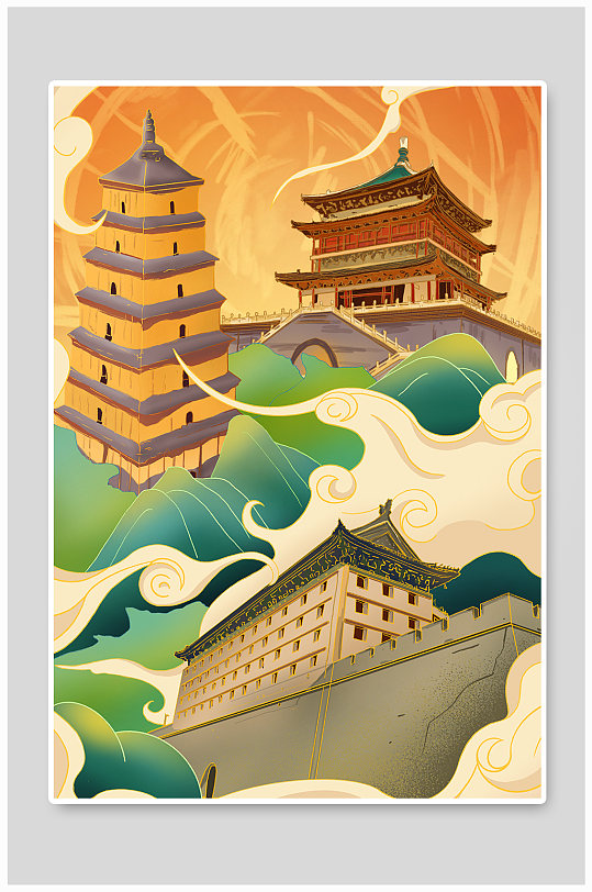 手绘国潮西安钟楼城市地标建筑插画-众图网