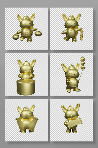 金属金色新年兔年立体3D模型元素