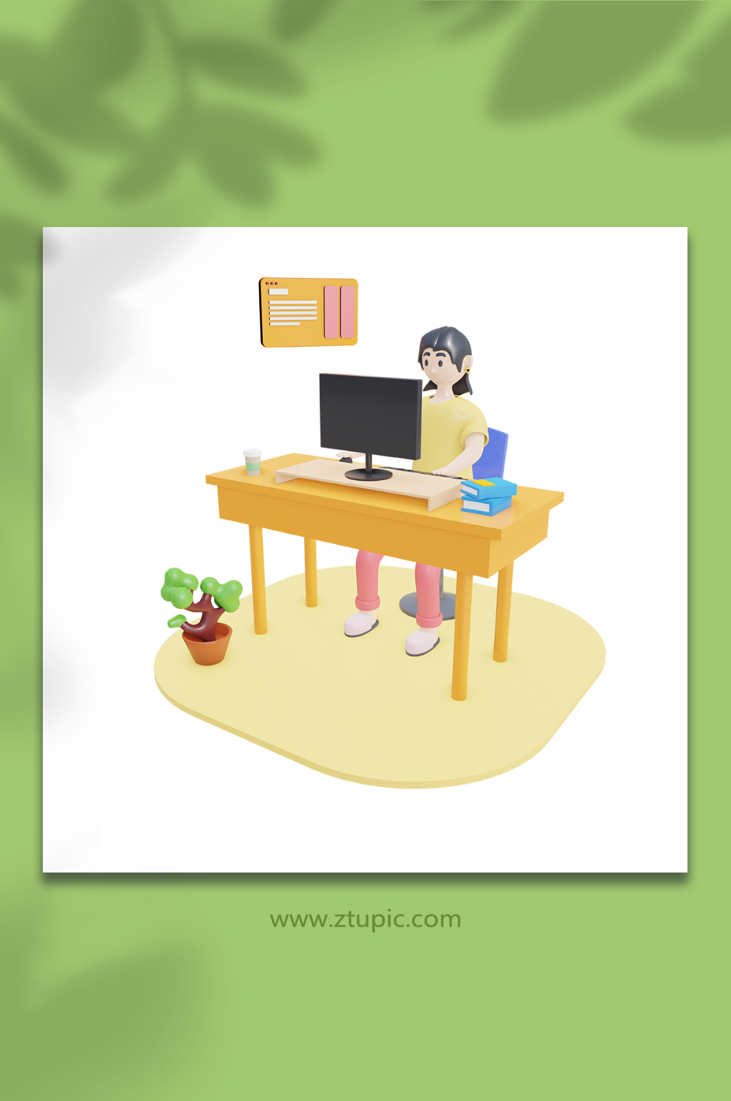 在电脑桌上居家办公3D人物素材