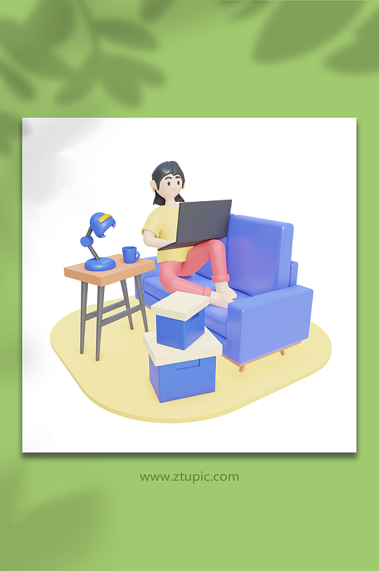 做在沙发上居家办公3D人物-众图网