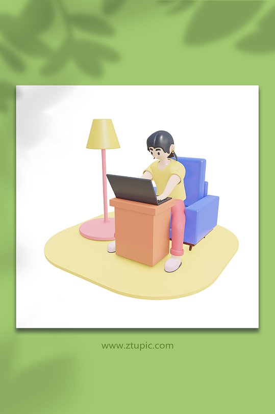 在沙发上居家办公3D人物-众图网