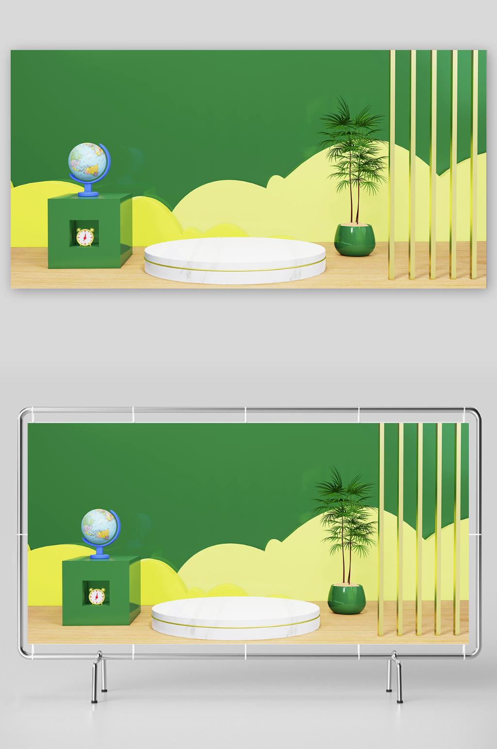 春季绿色黄色展厅3d背景模型素材