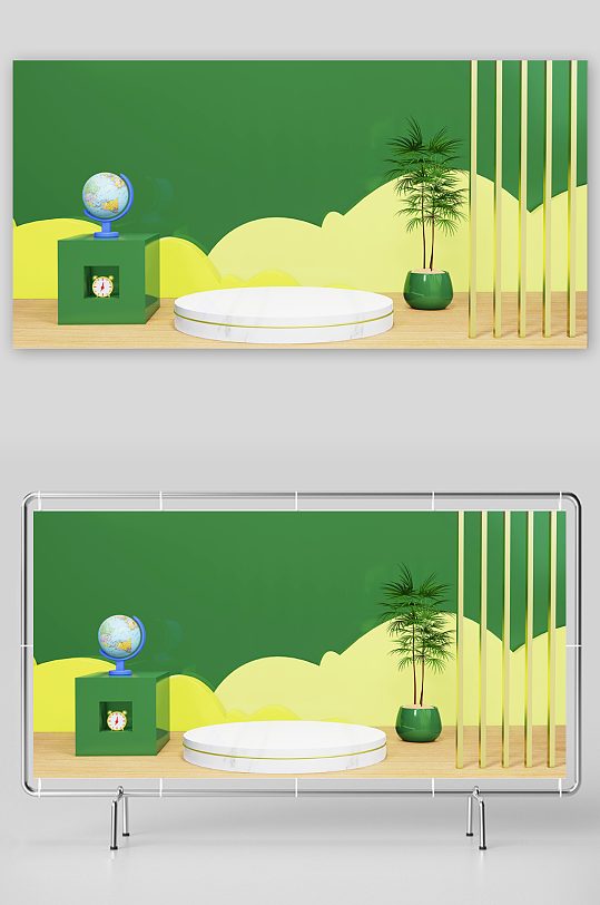 春季绿色黄色展厅3d背景模型
