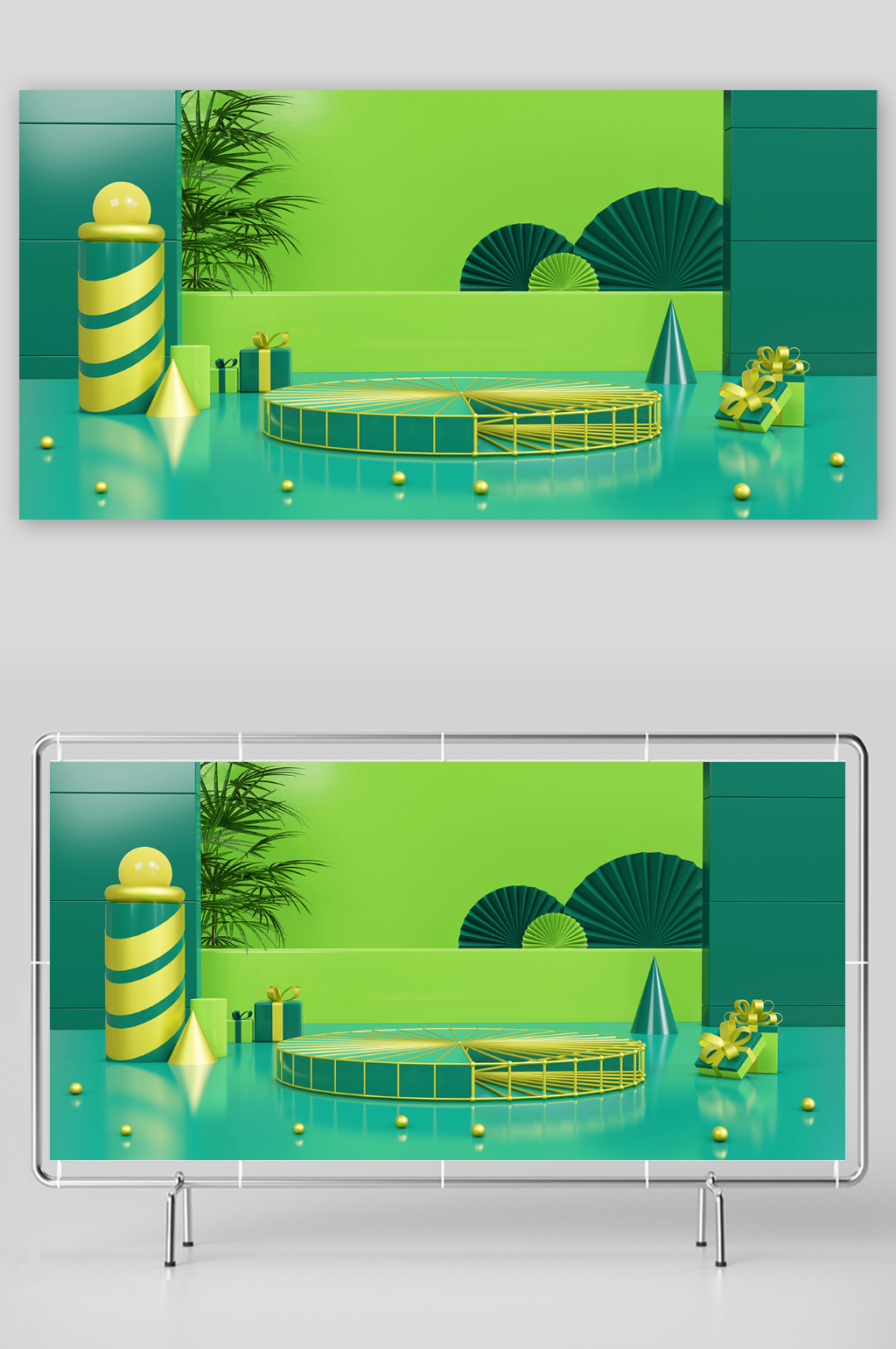春季绿色大气展厅3d背景模型素材