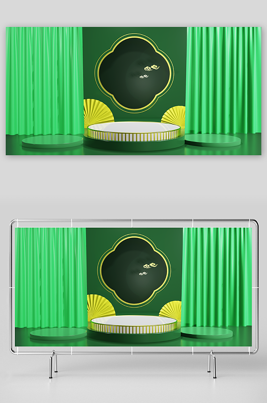 春季中式绿色展厅3d背景模型-众图网