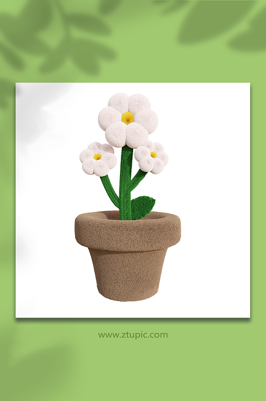 白色花盆栽毛绒风3d立体模型-众图网