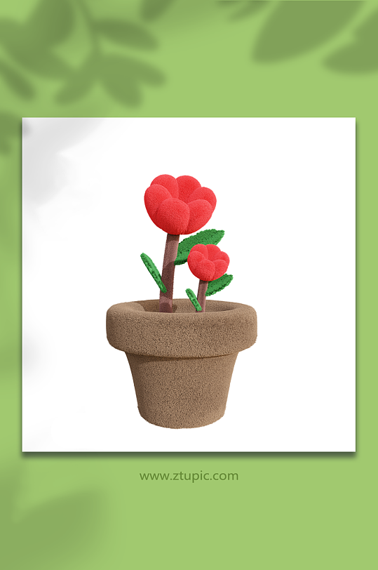 红色花盆栽毛绒风3d立体模型-众图网
