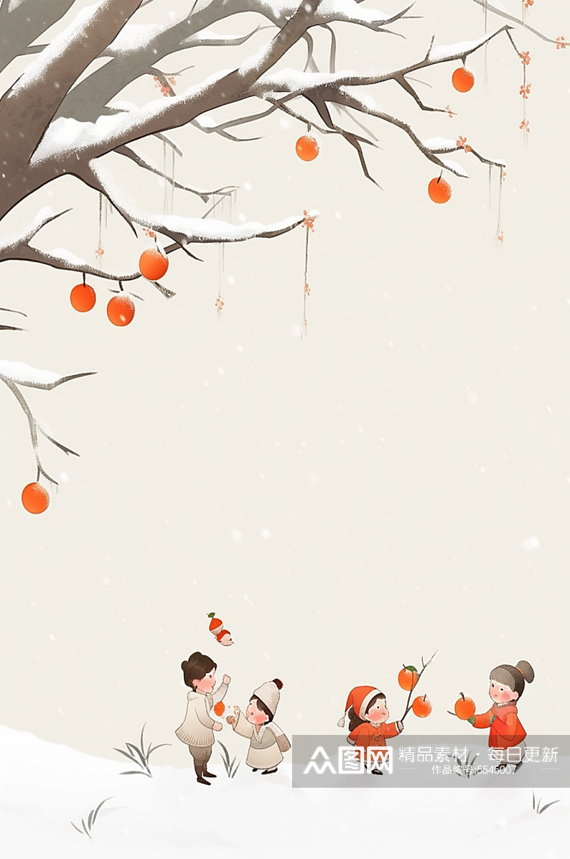 数字艺术冬天柿子树下插画素材