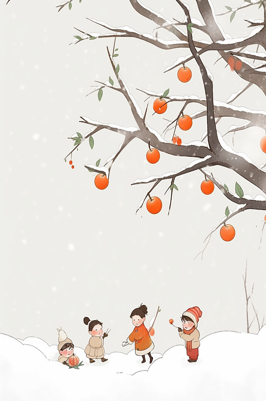 数字艺术冬天柿子树下插画