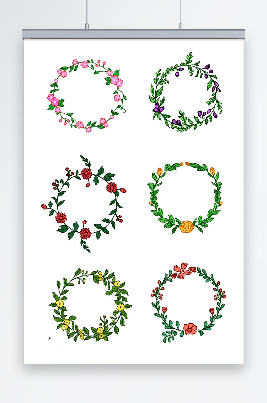 花环手绘春天植物花草花环插画元素素材