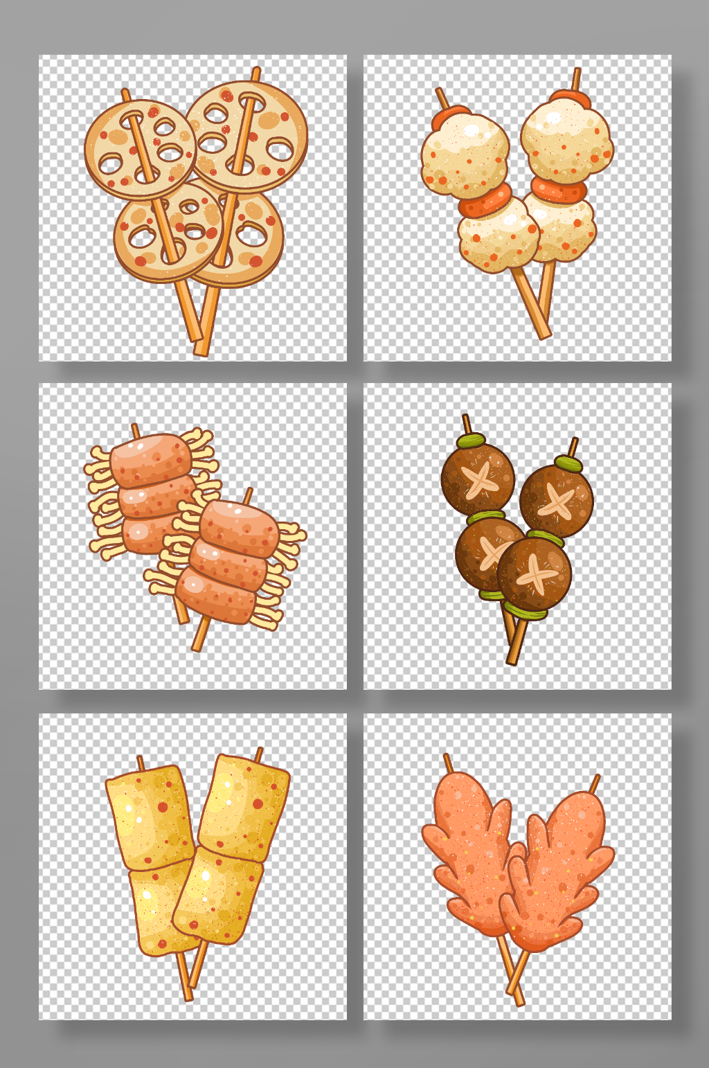烧烤串串丸子美食手绘元素插画素材