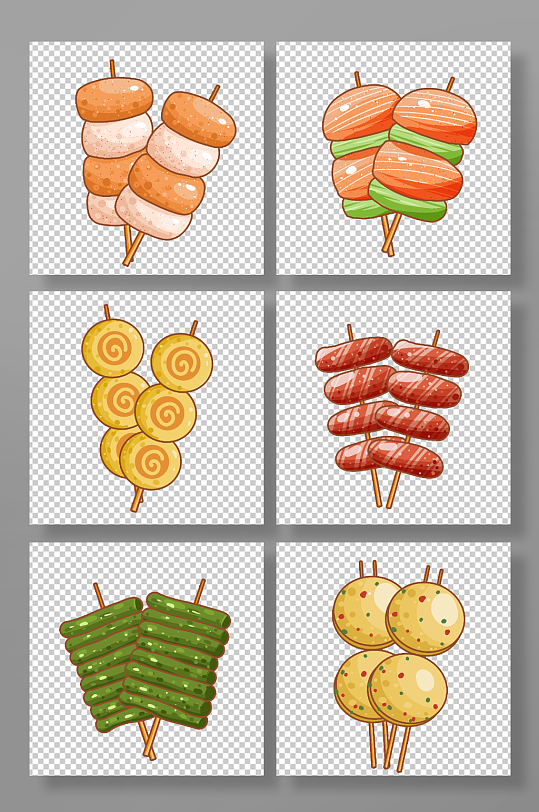 烧烤烤串丸子肉卷蔬菜串串手绘插画元素-众图网