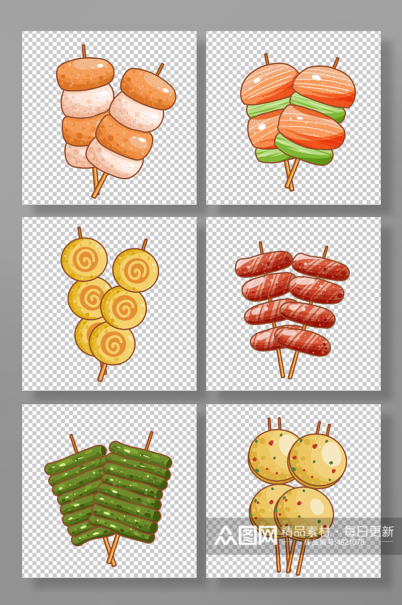 烧烤烤串丸子肉卷蔬菜串串手绘插画元素素材