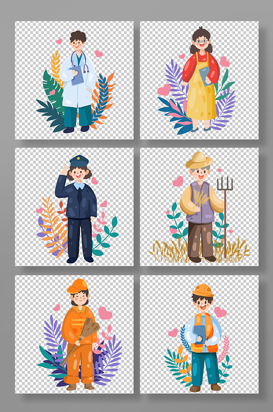 五一劳动节多种职业手绘元素插画-众图网