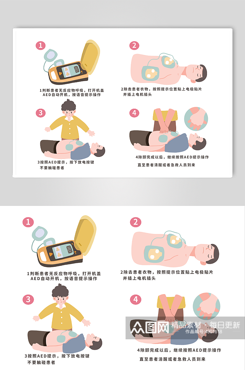 卡通手绘AED急救步骤医疗插画素材下载-众图网