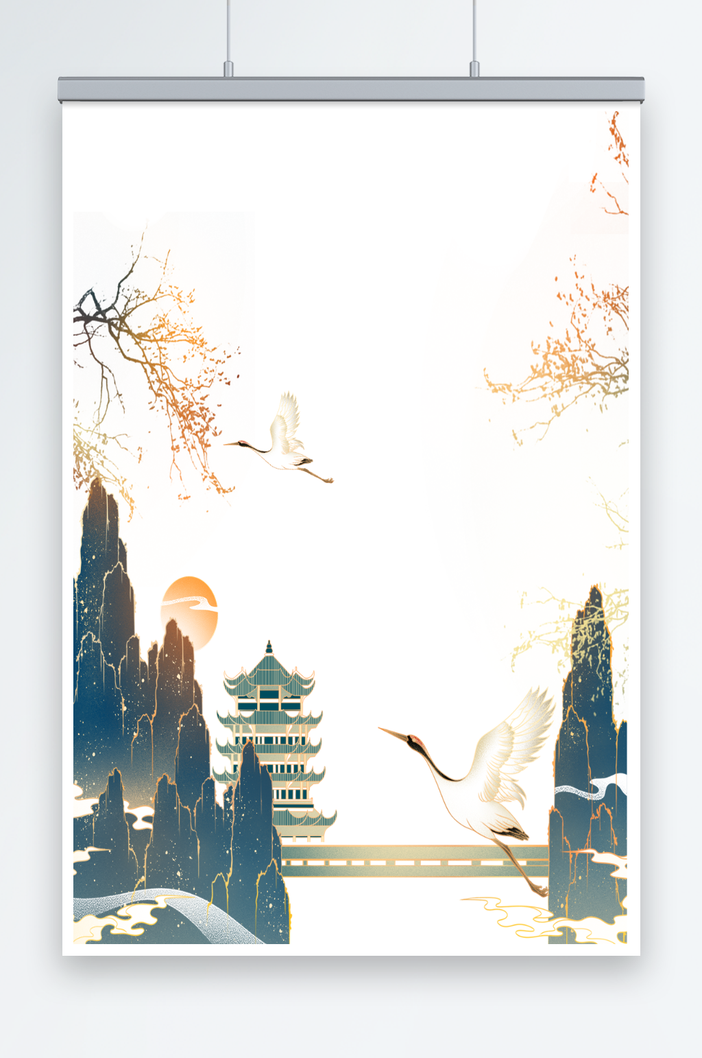 重阳节中式国潮山水太阳仙鹤插画元素素材