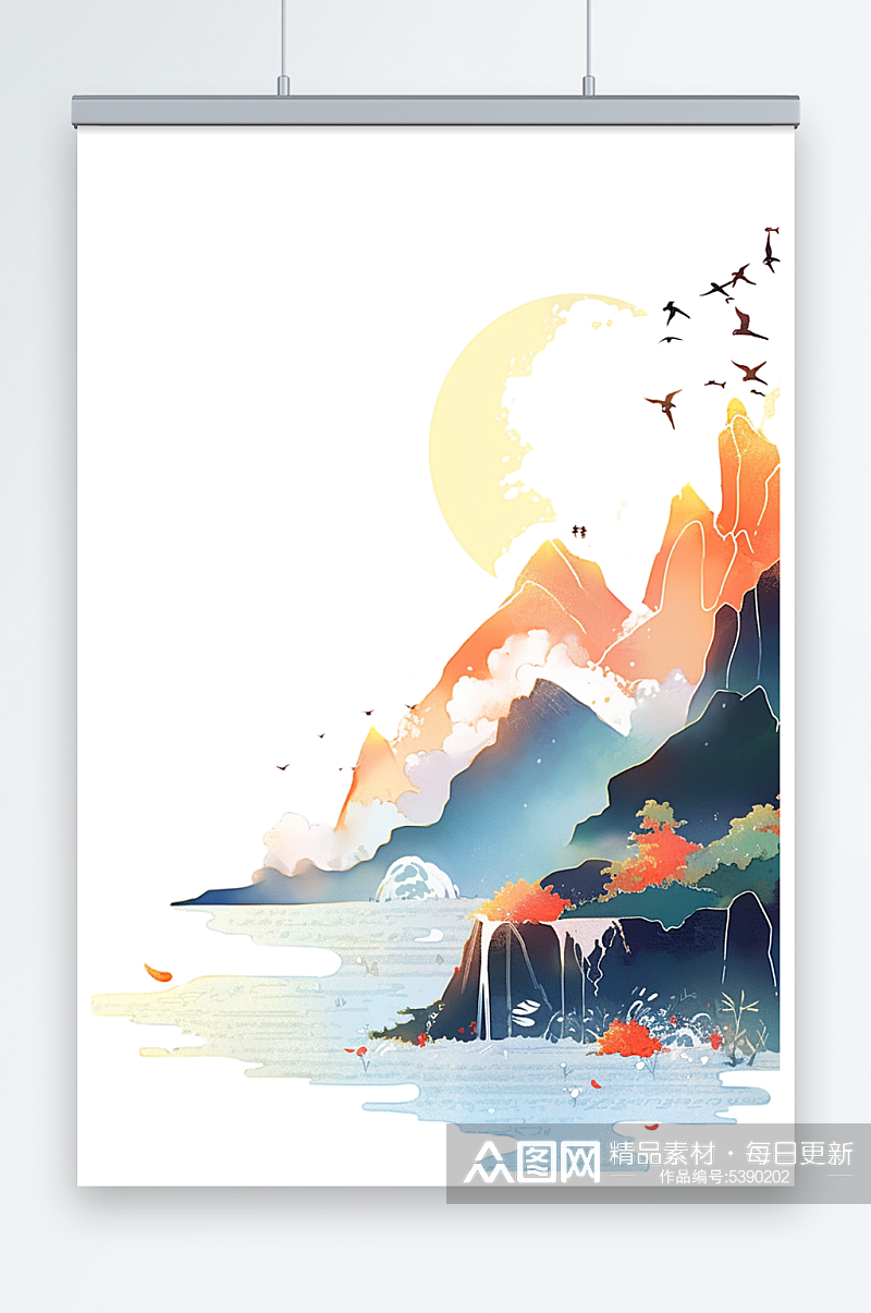 手绘水彩画元素山水夕阳背景素材