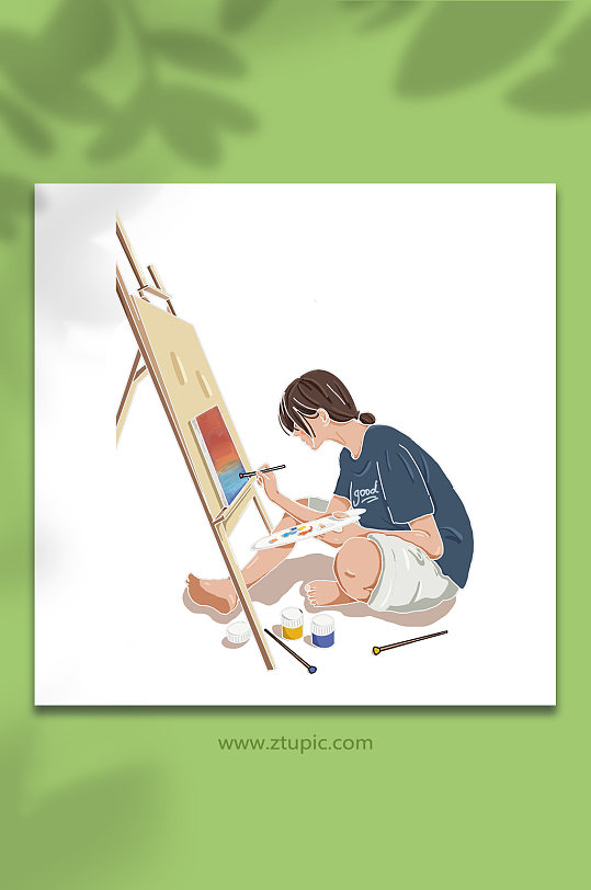 插画爱画画的女孩子美术绘画人物插画-众图网