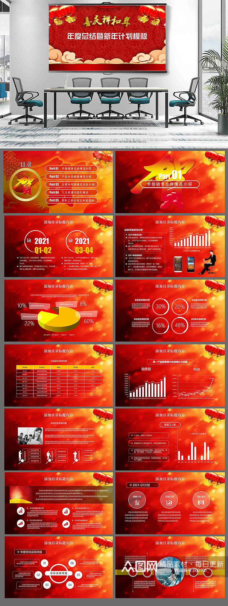 红色喜庆年度总结计划商务模板素材
