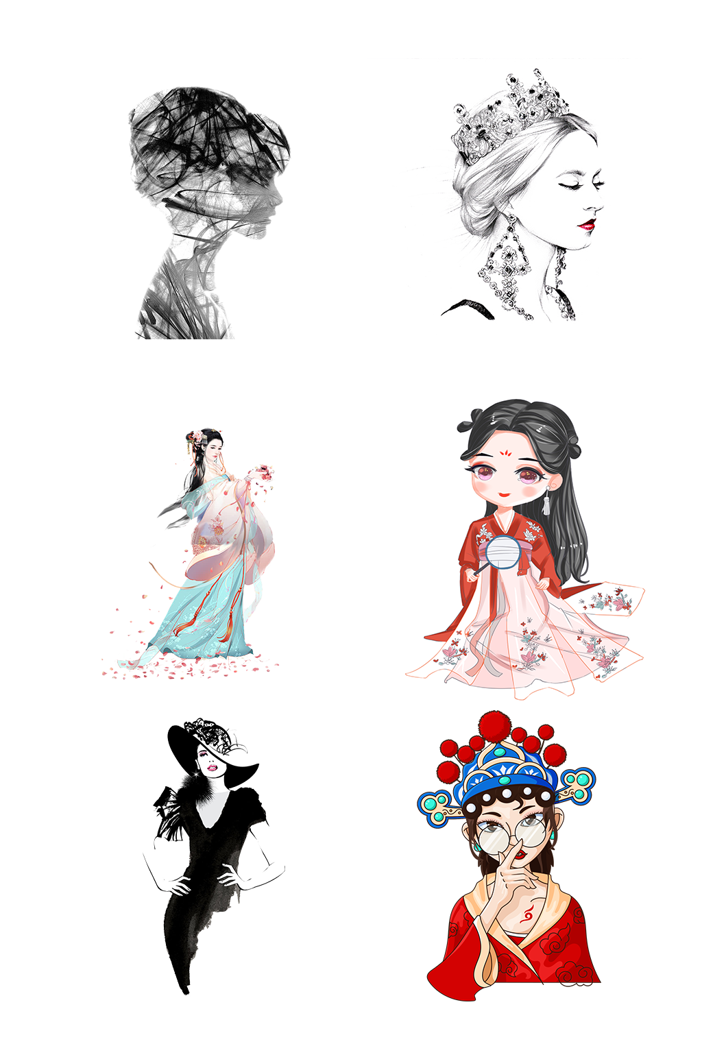 手绘古代时尚鲜花美女免扣元素001素材