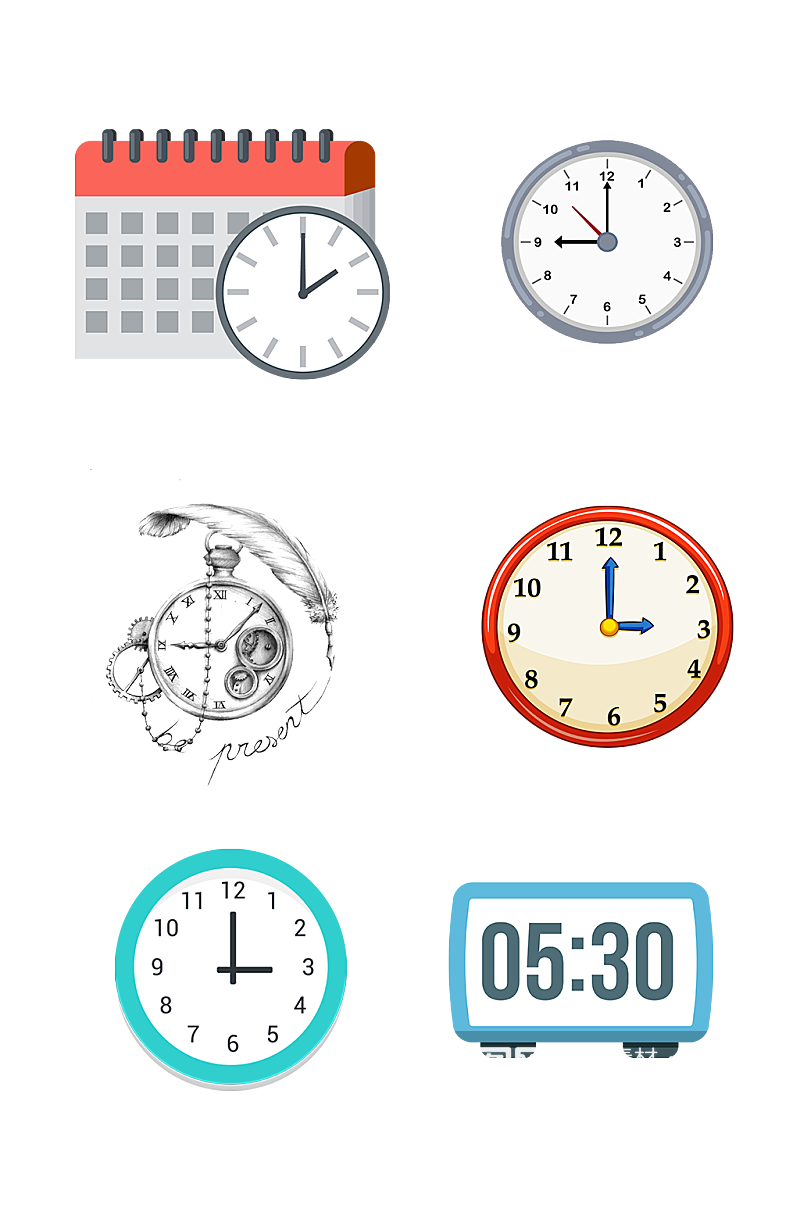 日历时尚卡通手绘时间钟表免抠元素素材
