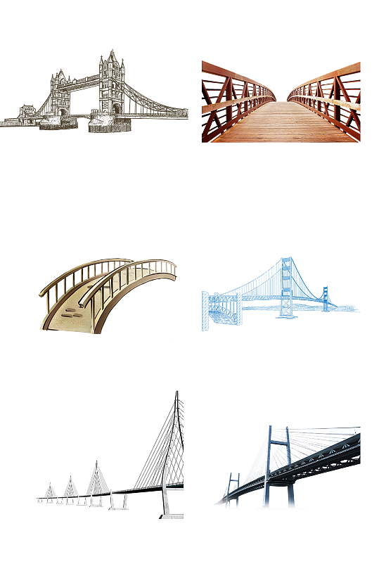 世界桥梁手绘大桥木桥建设免抠元素