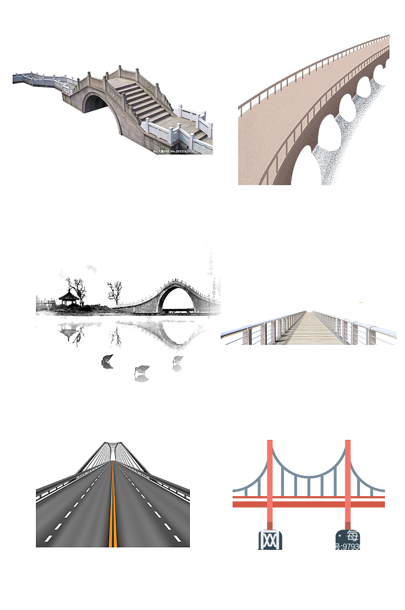 世界桥梁手绘扁平化大桥建设免抠元素素材