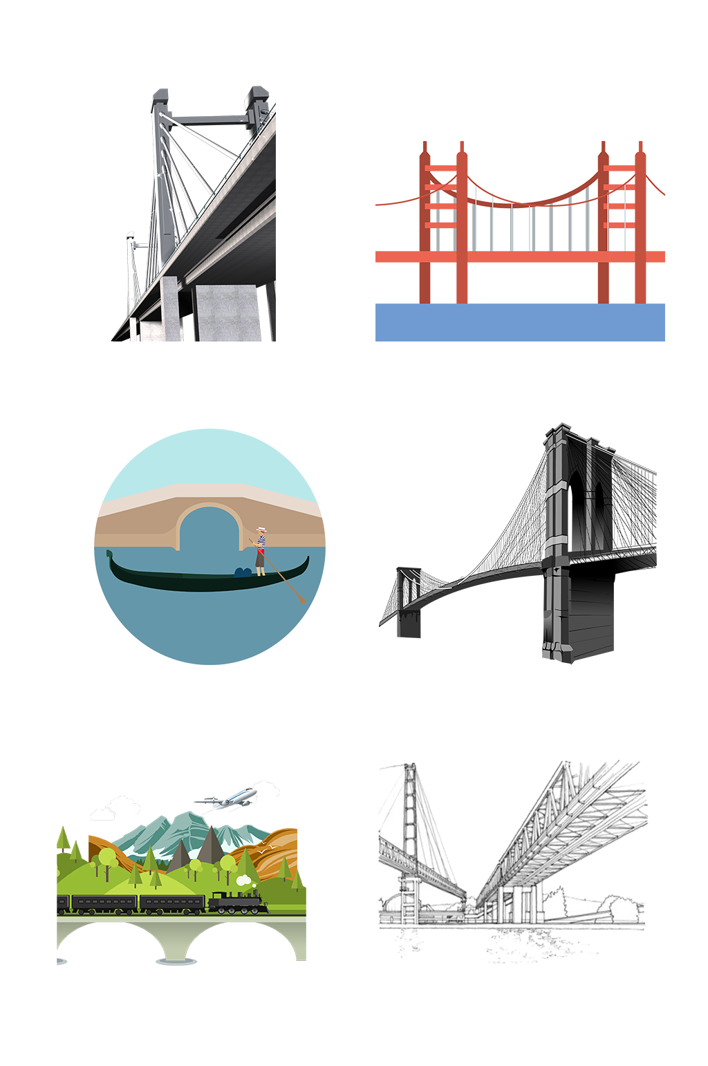 立体世界桥梁手绘大桥建设免抠元素素材