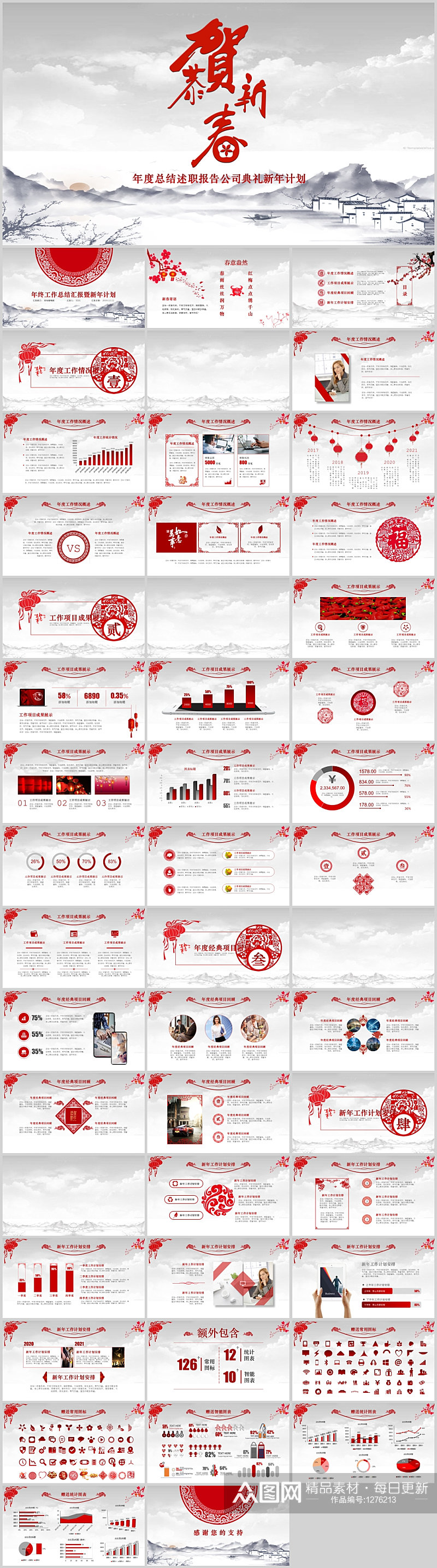 剪纸风喜庆年终总结述职汇报PPT模板素材