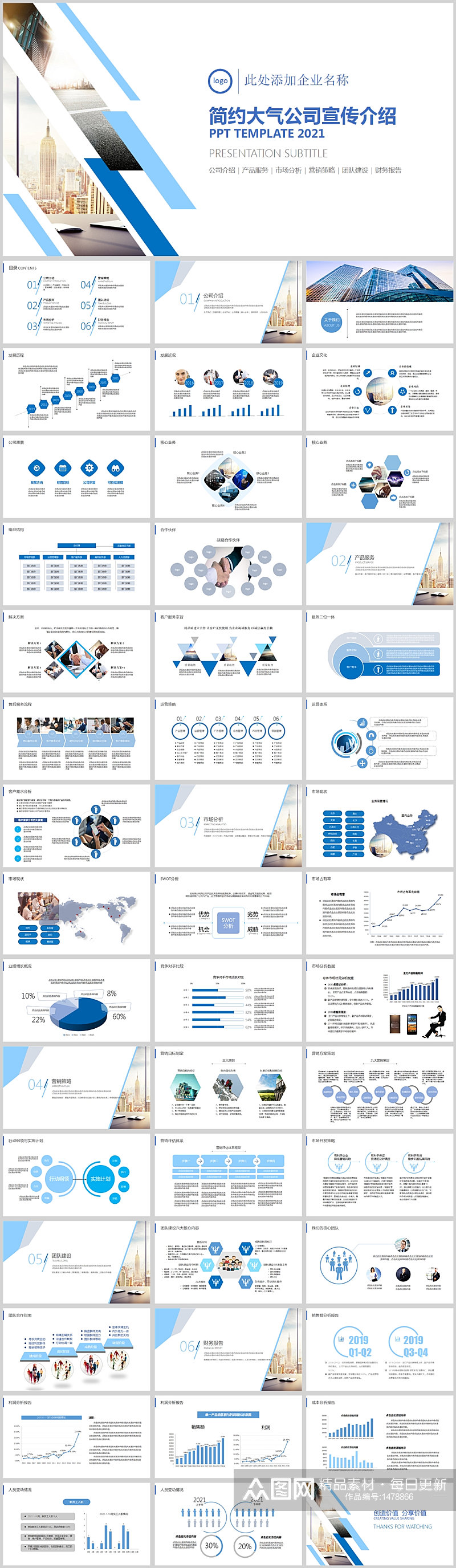 蓝色简约公司宣传展示PPT模板素材