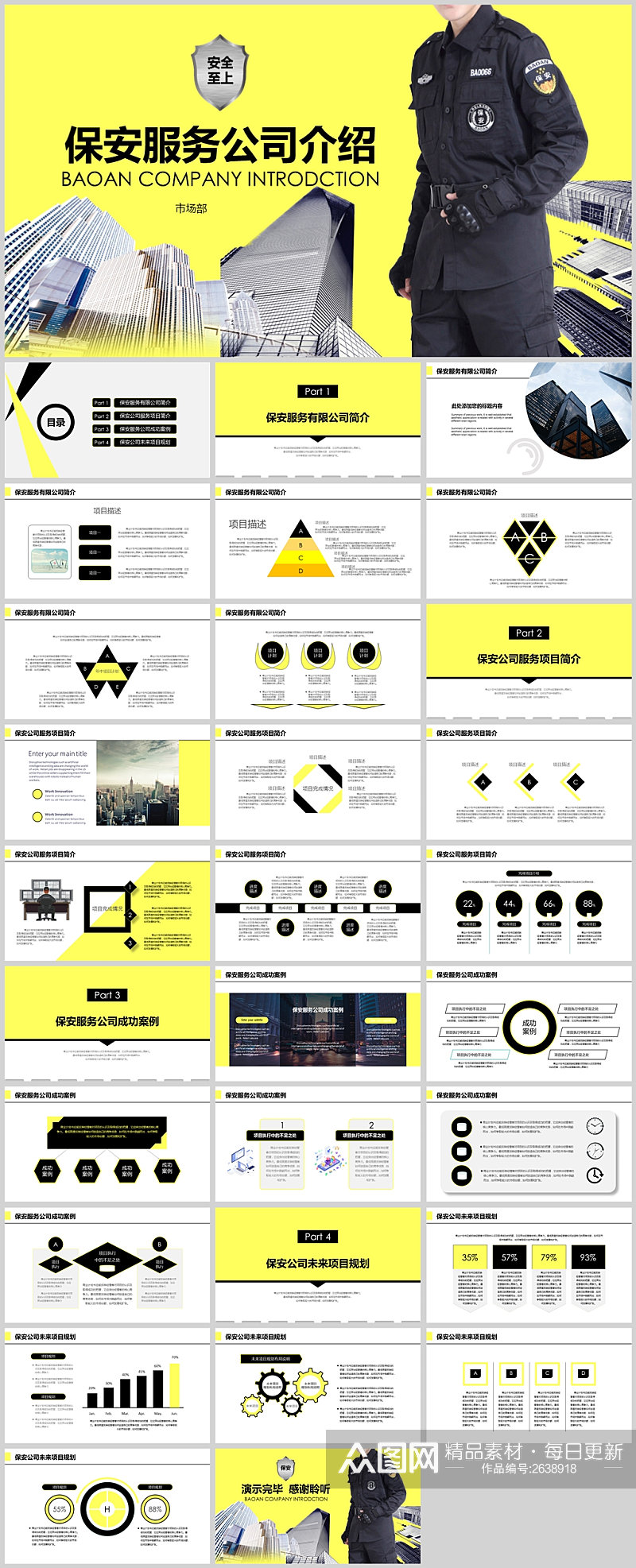 黑黄风保安服务公司企业宣传介绍PPT模板素材
