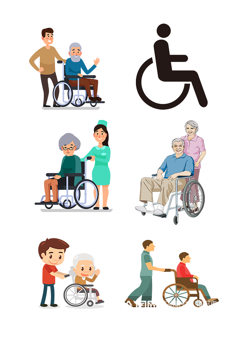 轮椅养老老年人护理免抠元素养老院元素素材