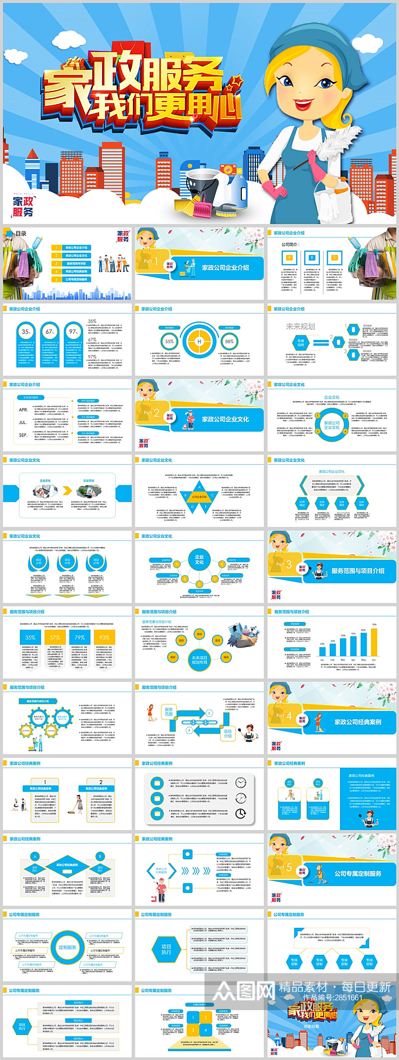 蓝色简约家政服务公司介绍PPT模板素材