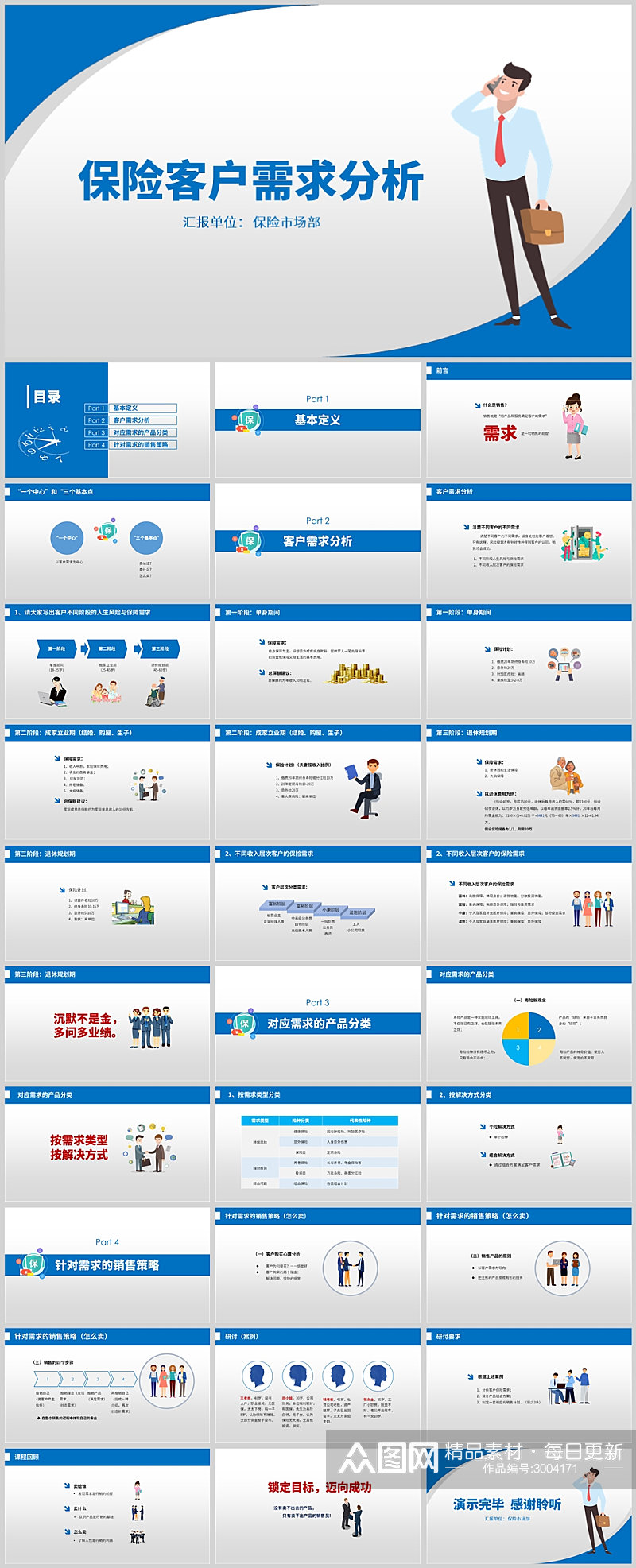 蓝色简约保险客户需求分析PPT素材