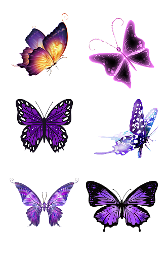 紫色蝴蝶花蝴蝶彩色翅膀免抠元素