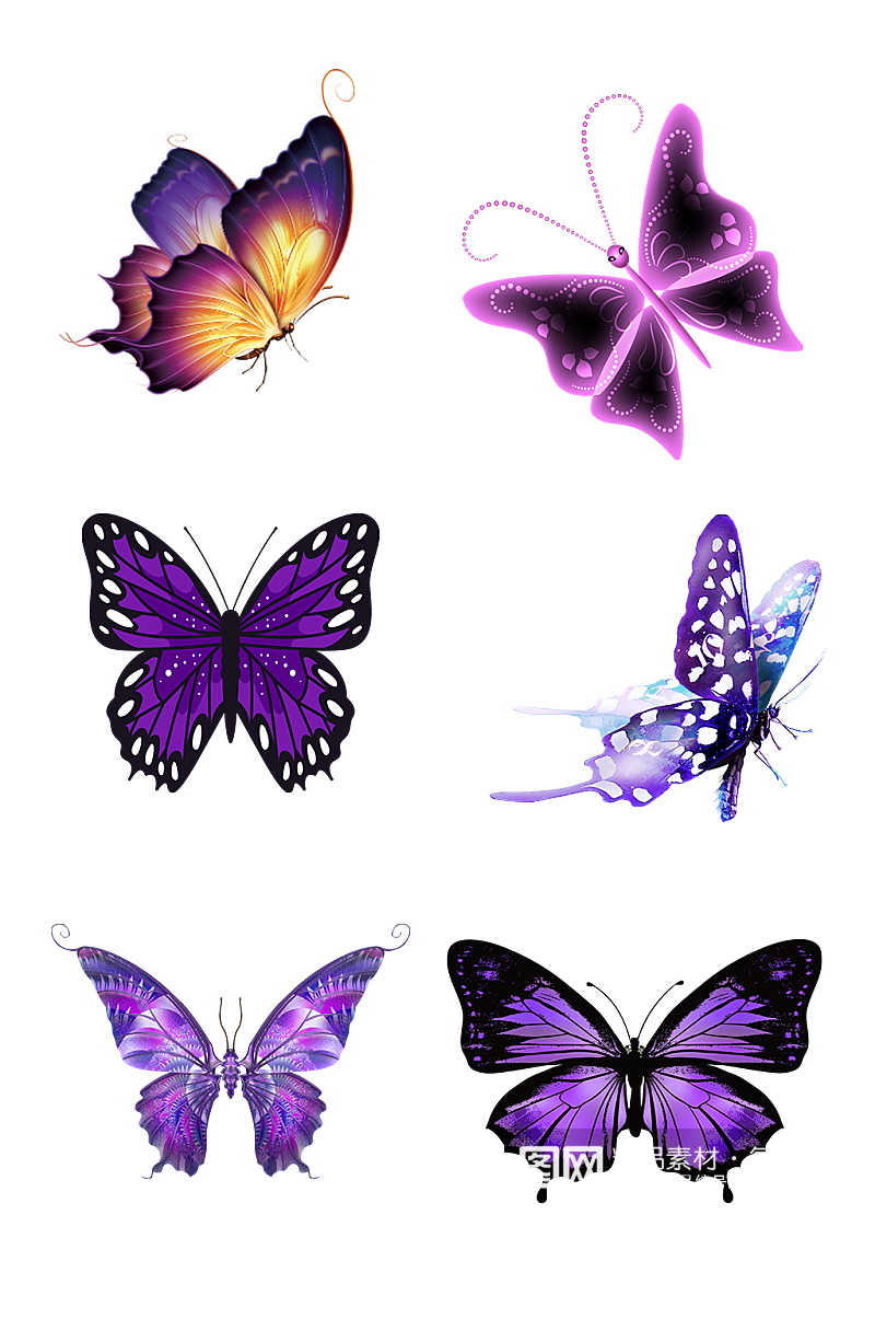 紫色蝴蝶花蝴蝶彩色翅膀免抠元素素材