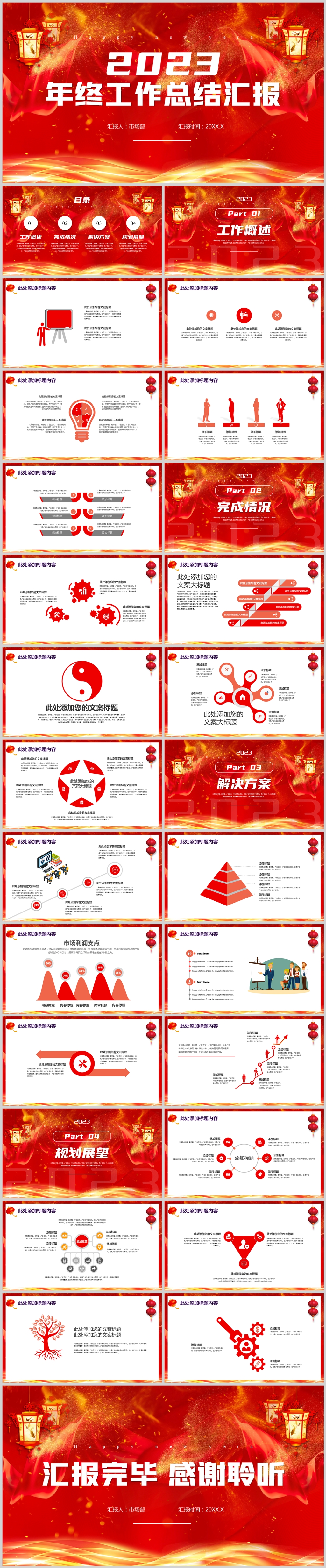 紅色喜慶跨新年年終工作總結匯報PPT模板素材