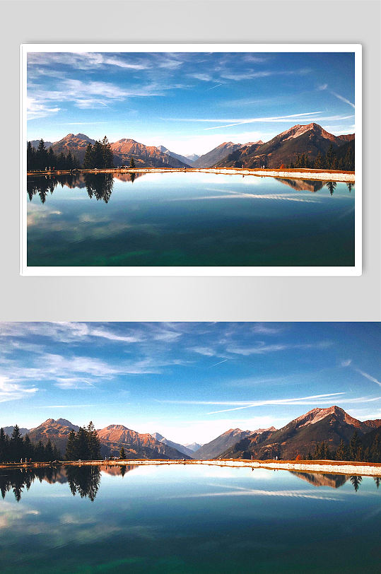 山中湖泊蓝天云朵景区湖水摄影图片