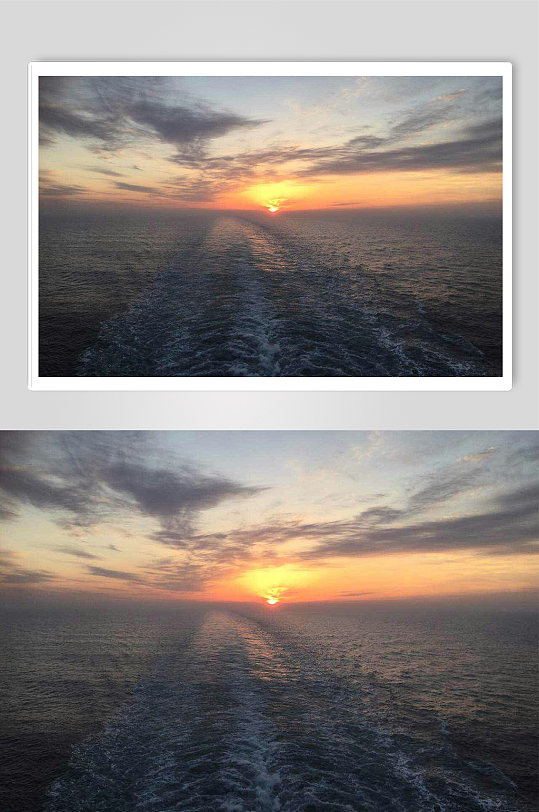 海上游轮看日出云彩蓝天海浪摄影图片