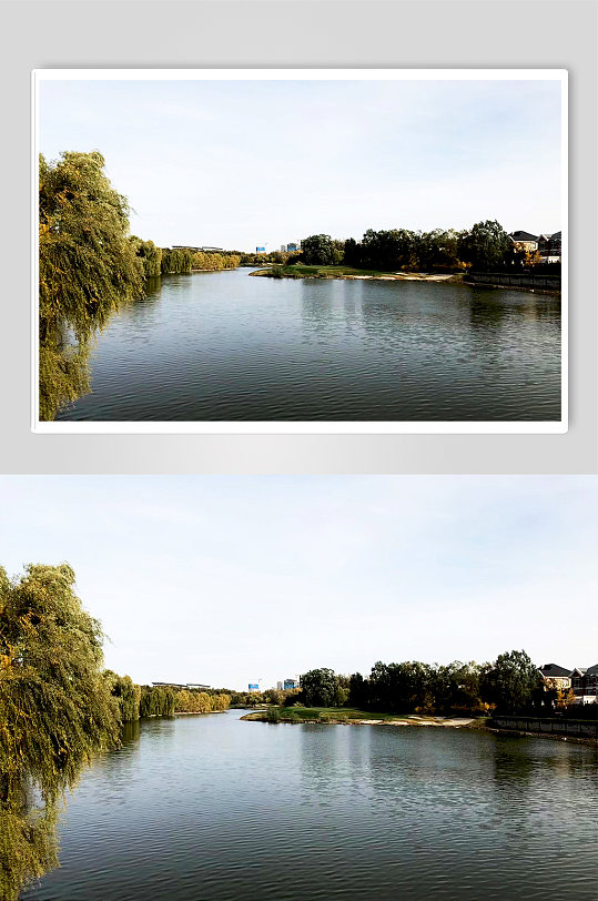 村镇河流波纹河边树木水中倒影摄影图片