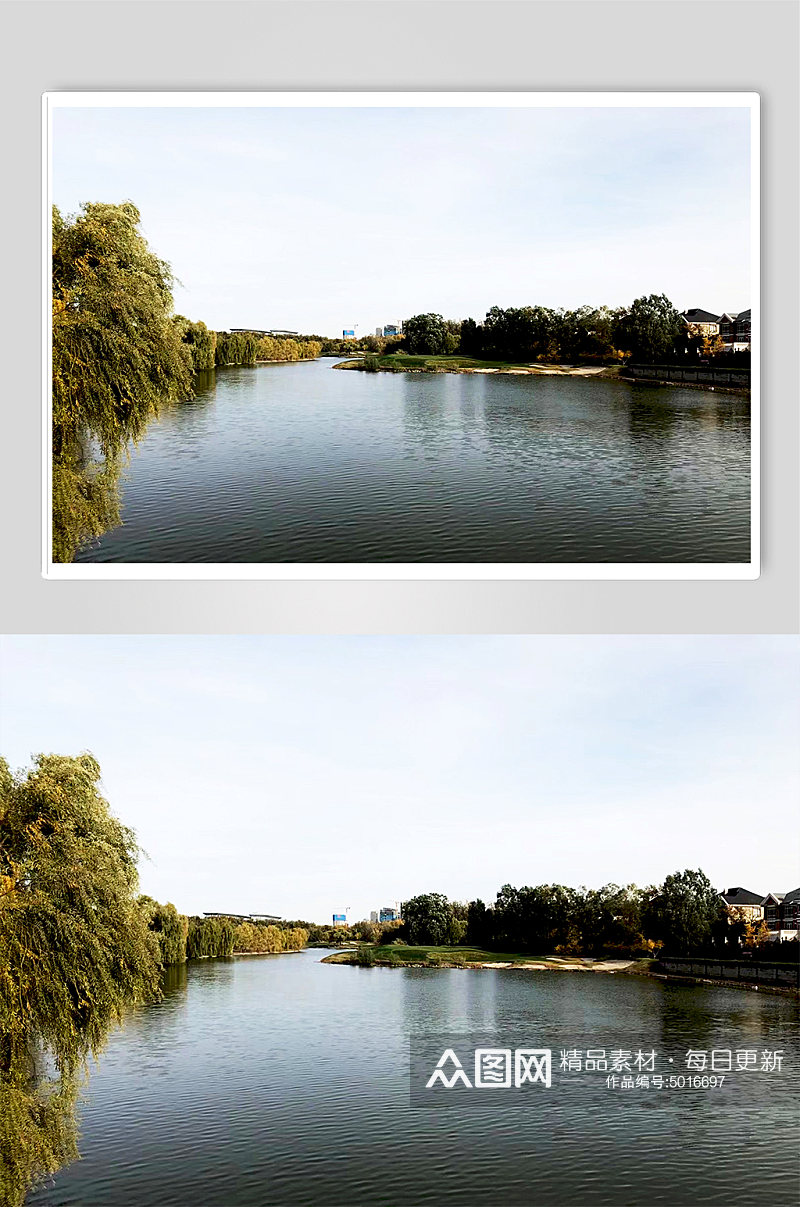 村镇河流波纹河边树木水中倒影摄影图片素材
