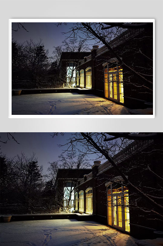 小区夜景别墅雪景夜景门前灯光摄影图片