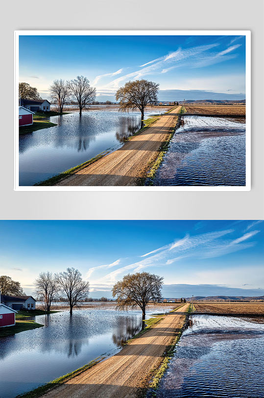乡村湿地河中小路湖水蓝天摄影图片