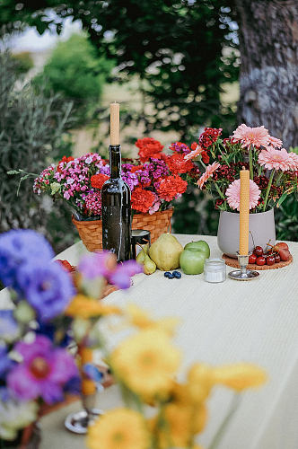 乡村聚会花朵村落酒席食品摄影图片