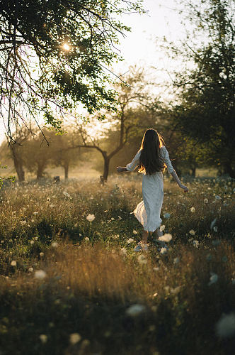 草地树林穿白裙子的女孩背影阳光摄影图片