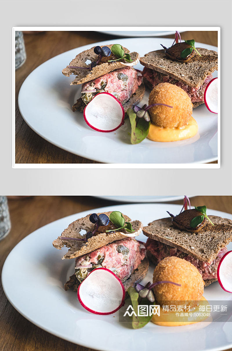 面包片牛肉水果高端餐厅美食摄影图片素材