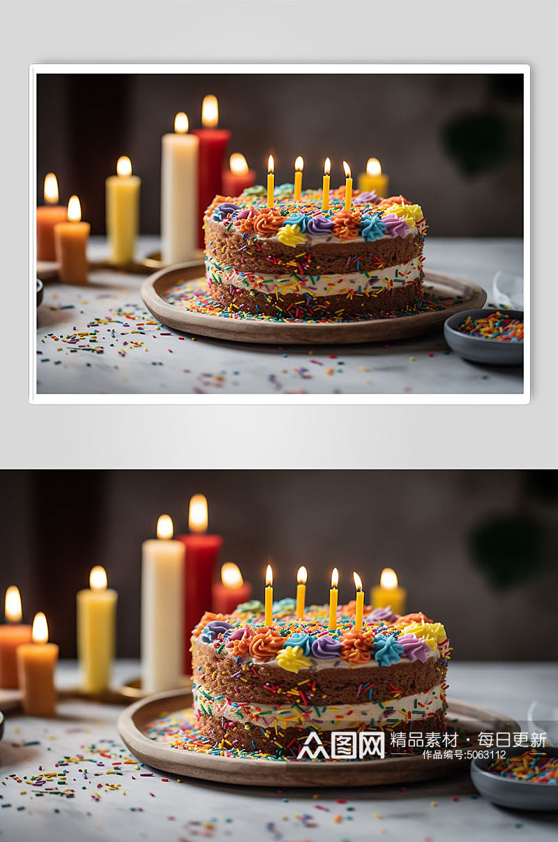 生日蛋糕多彩蜡烛高端餐厅美食摄影图片素材